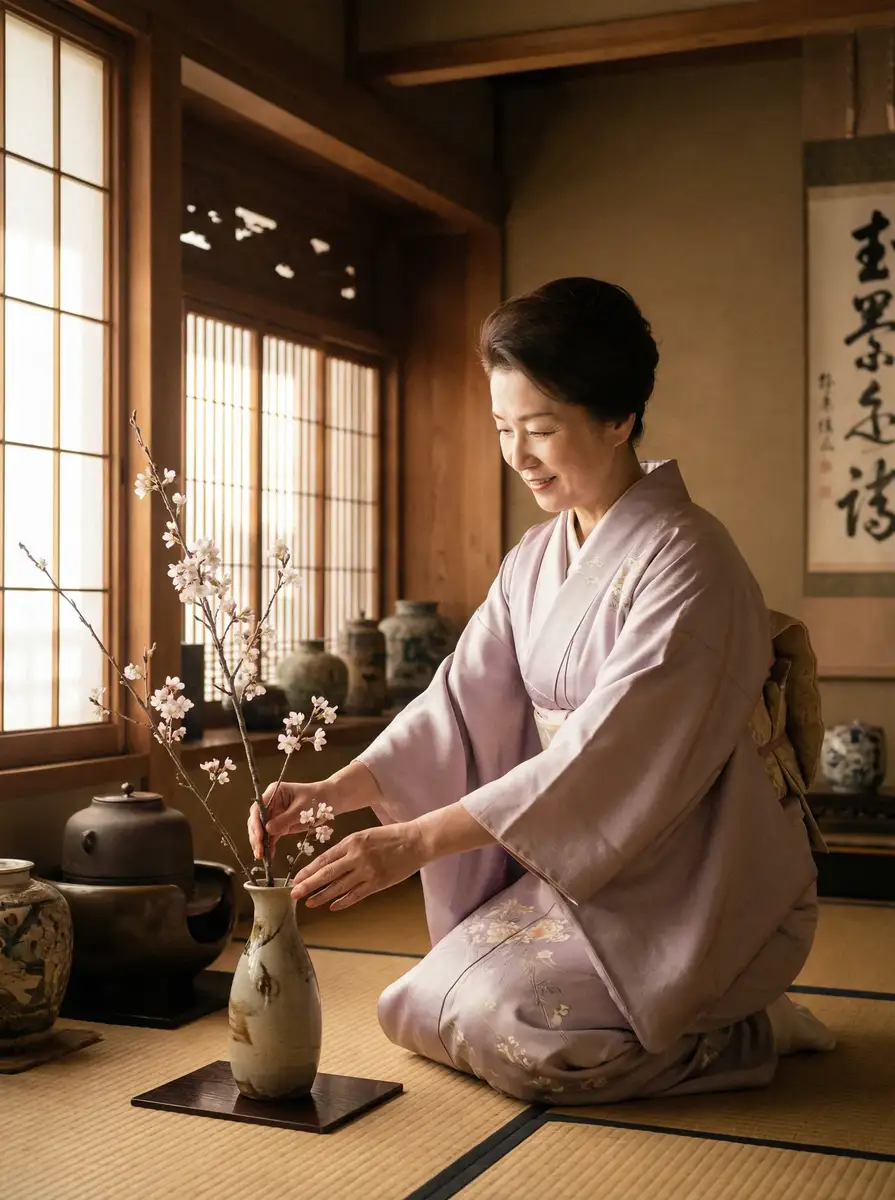 一位优雅的 复仇母女 在和室中插花